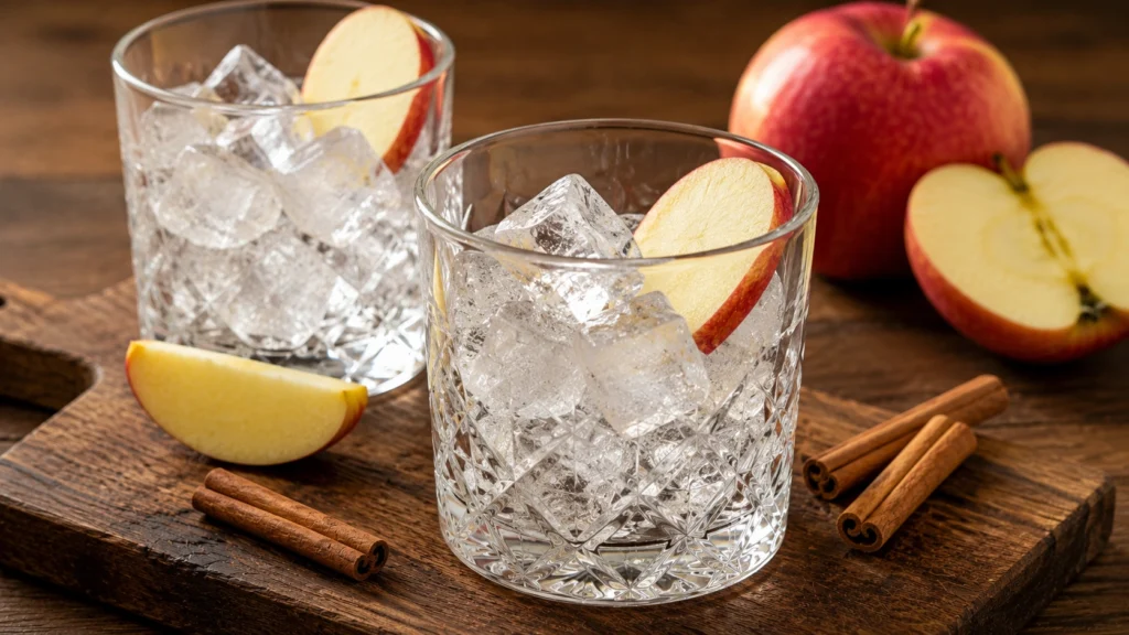 prepare glasses with ice and apple slices