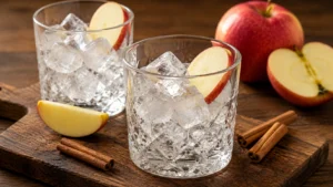 prepare glasses with ice and apple slices