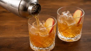 strain apple cider bourbon cocktail into glasses