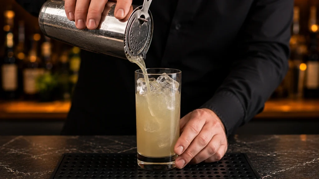 strain-cocktail-into-ice-filled-glass